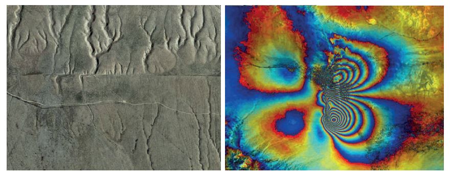 Terrain in Bam, and multi-coloured interferogram after the earthquake